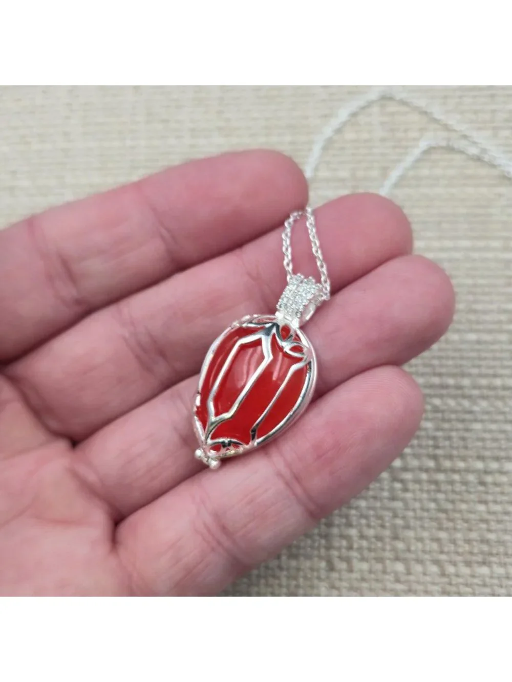 20 Inch Sterling Silver Red Stone And Clear Quartz Pendant Necklace A7410 - Picture 4 of 9